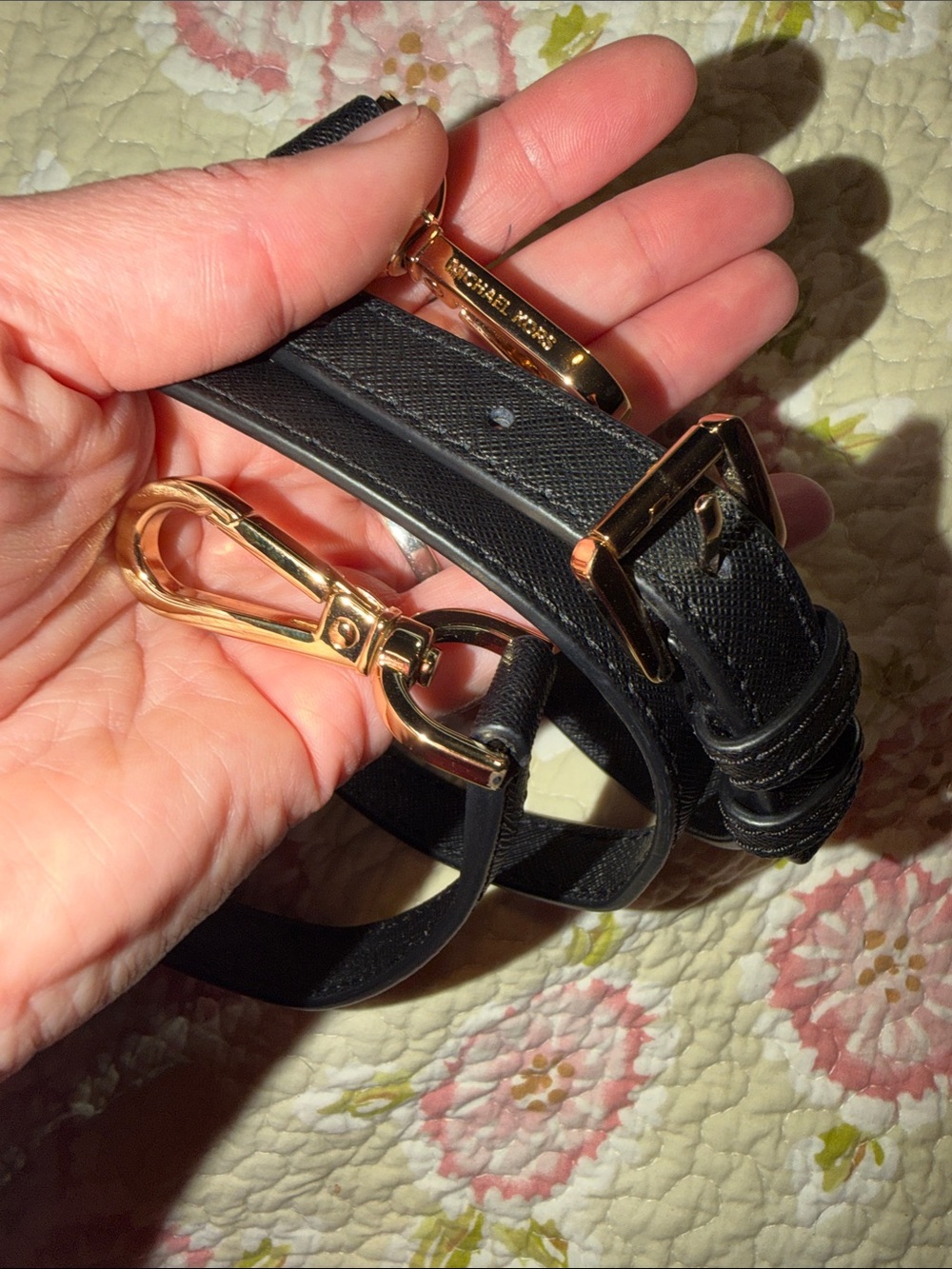 Michael Kors Black Leather Crossbody Strap with Gold Clasps